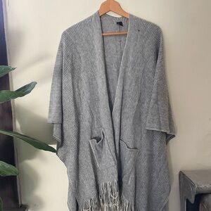 Gray Striped Knit poncho with Fringe